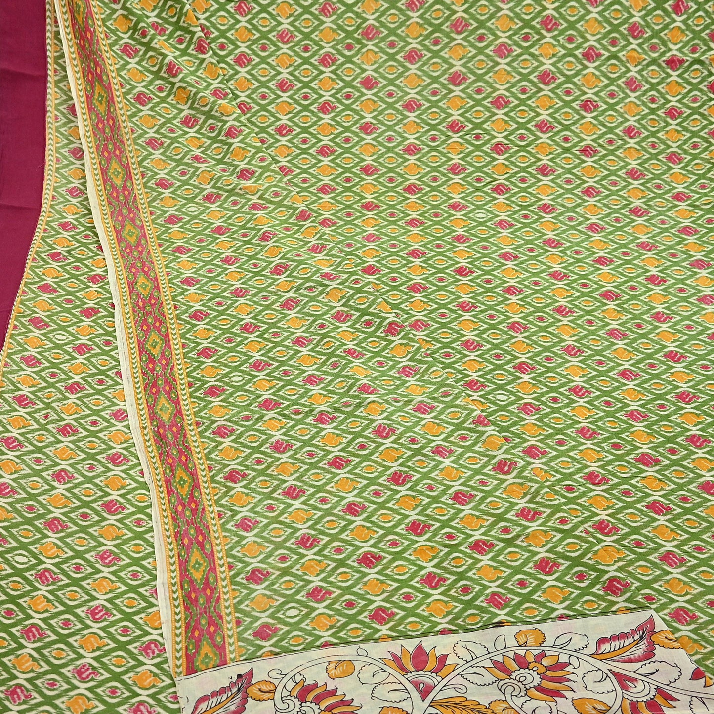 Indian Vintage Green Sari Kalamkari Printed Pure Cotton Saree Fabric Soft Floral 5Yd Sarong Wrap Fabric Fish