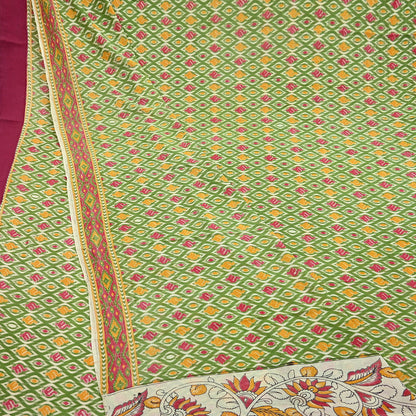 Indian Vintage Green Sari Kalamkari Printed Pure Cotton Saree Fabric Soft Floral 5Yd Sarong Wrap Fabric Fish