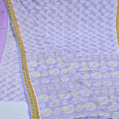 Indian Vintage Purple Sarees Pure Cotton Block Printed Sari 5yd Sewing Craft Fabric DressMaking Soft Crafting Quilting Upcycle Zari