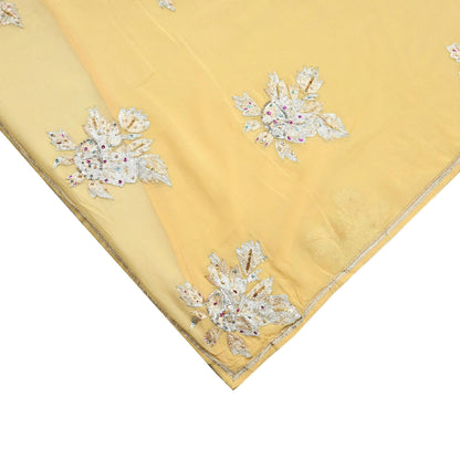 Indian Vintage Yellow Saree Pure Georgette Silk Hand Embroidered Sari Craft Fabric 5Yd Sewing Ethnic Dress making Crafting Quilting Dabka