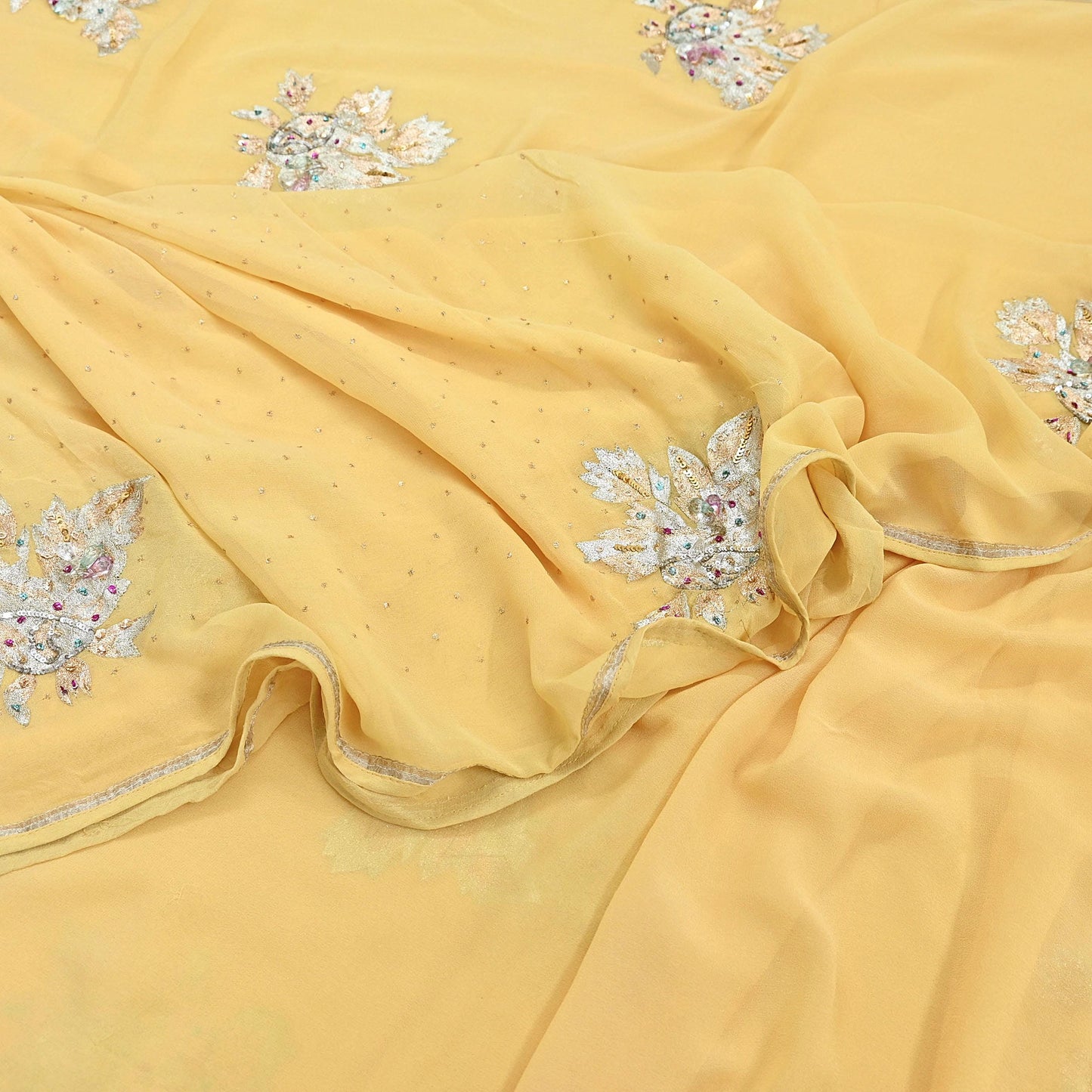 Indian Vintage Yellow Saree Pure Georgette Silk Hand Embroidered Sari Craft Fabric 5Yd Sewing Ethnic Dress making Crafting Quilting Dabka