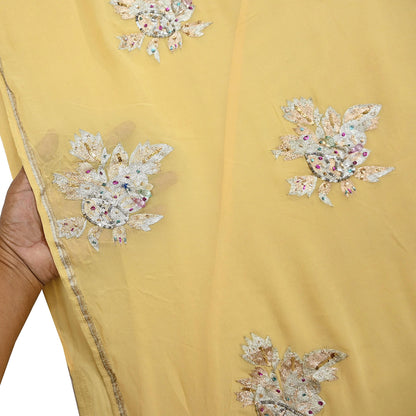Indian Vintage Yellow Saree Pure Georgette Silk Hand Embroidered Sari Craft Fabric 5Yd Sewing Ethnic Dress making Crafting Quilting Dabka