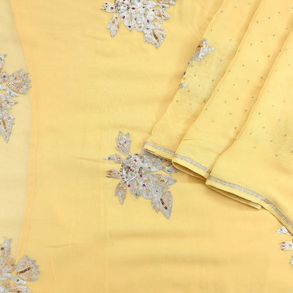 Indian Vintage Yellow Saree Pure Georgette Silk Hand Embroidered Sari Craft Fabric 5Yd Sewing Ethnic Dress making Crafting Quilting Dabka
