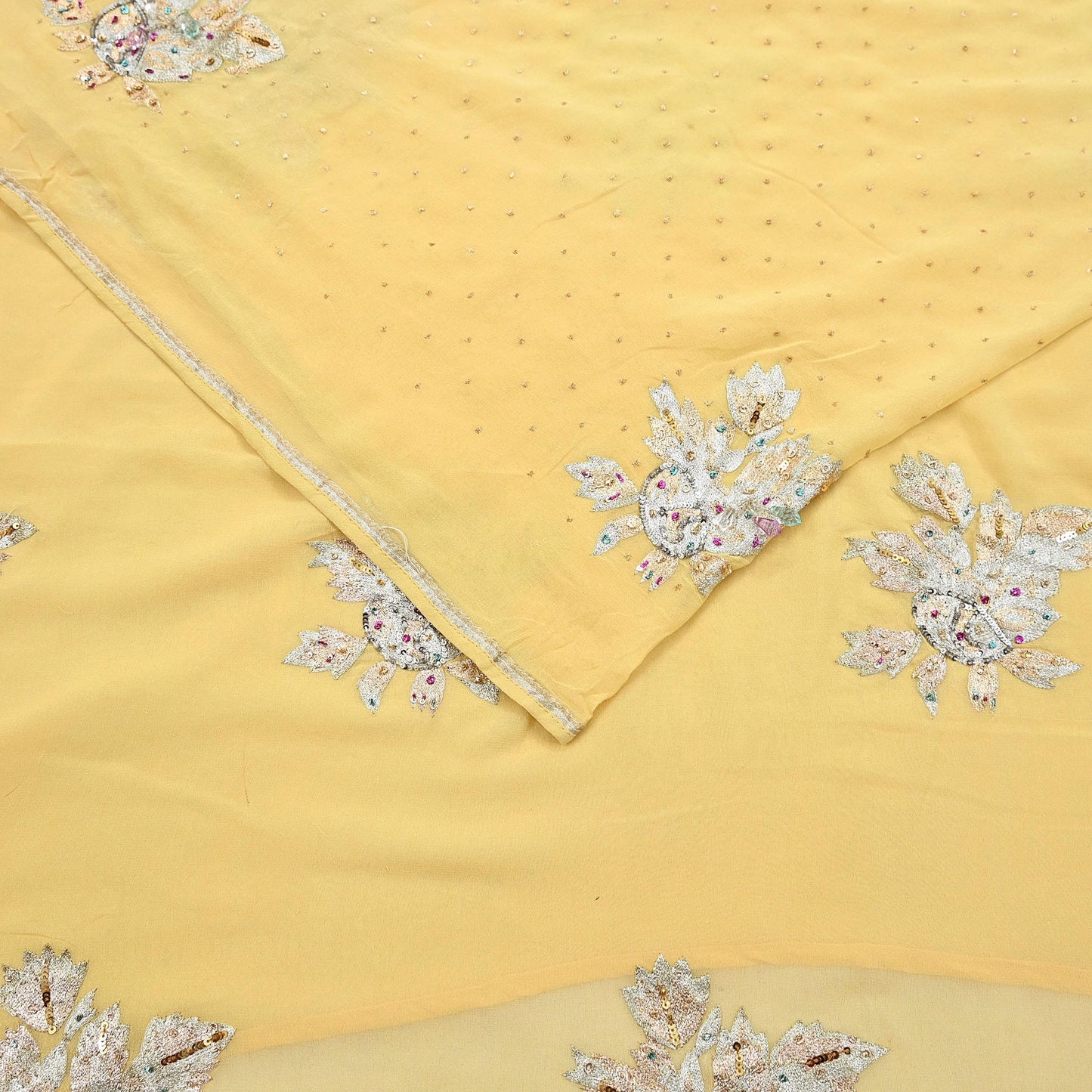 Indian Vintage Yellow Saree Pure Georgette Silk Hand Embroidered Sari Craft Fabric 5Yd Sewing Ethnic Dress making Crafting Quilting Dabka