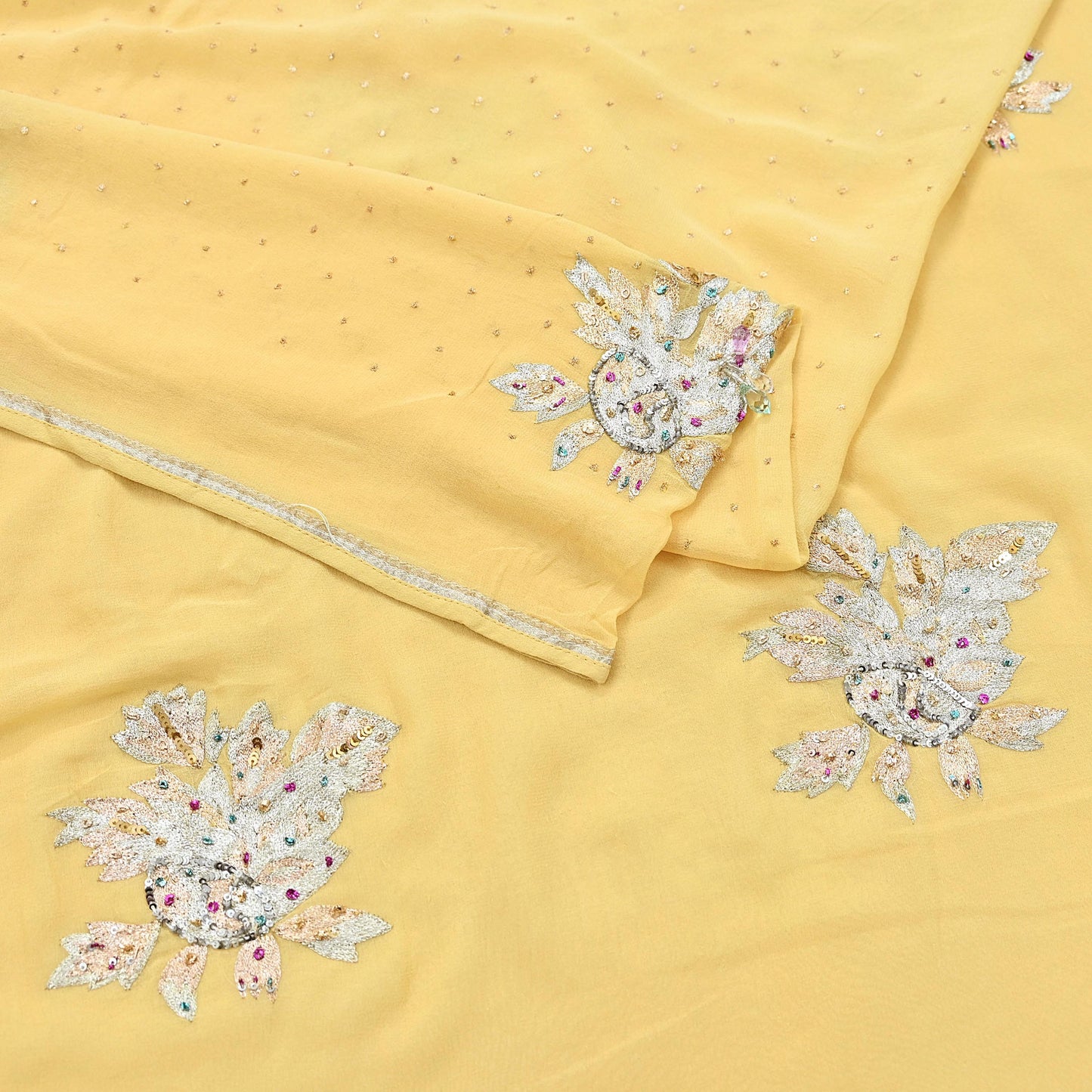 Indian Vintage Yellow Saree Pure Georgette Silk Hand Embroidered Sari Craft Fabric 5Yd Sewing Ethnic Dress making Crafting Quilting Dabka