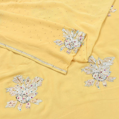 Indian Vintage Yellow Saree Pure Georgette Silk Hand Embroidered Sari Craft Fabric 5Yd Sewing Ethnic Dress making Crafting Quilting Dabka