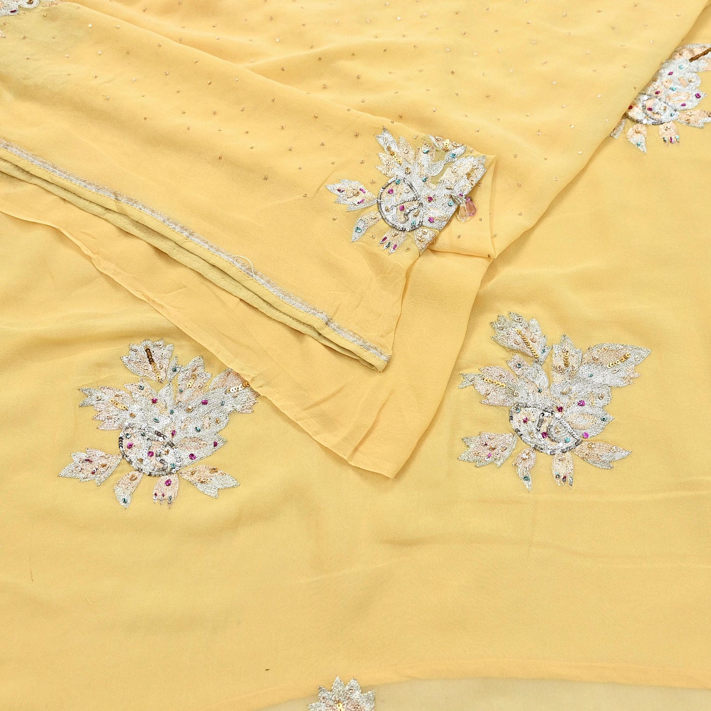 Indian Vintage Yellow Saree Pure Georgette Silk Hand Embroidered Sari Craft Fabric 5Yd Sewing Ethnic Dress making Crafting Quilting Dabka