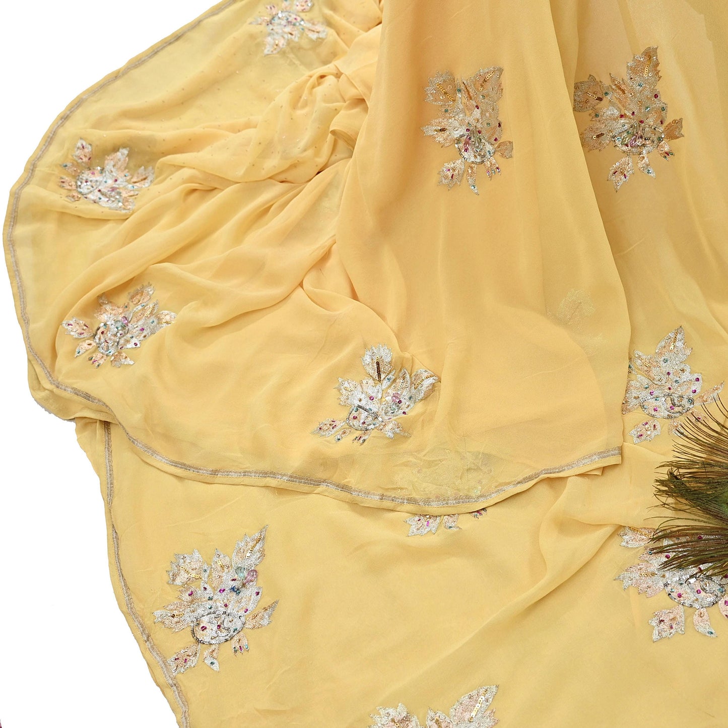 Indian Vintage Yellow Saree Pure Georgette Silk Hand Embroidered Sari Craft Fabric 5Yd Sewing Ethnic Dress making Crafting Quilting Dabka