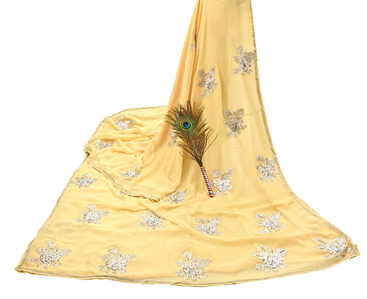 Indian Vintage Yellow Saree Pure Georgette Silk Hand Embroidered Sari Craft Fabric 5Yd Sewing Ethnic Dress making Crafting Quilting Dabka