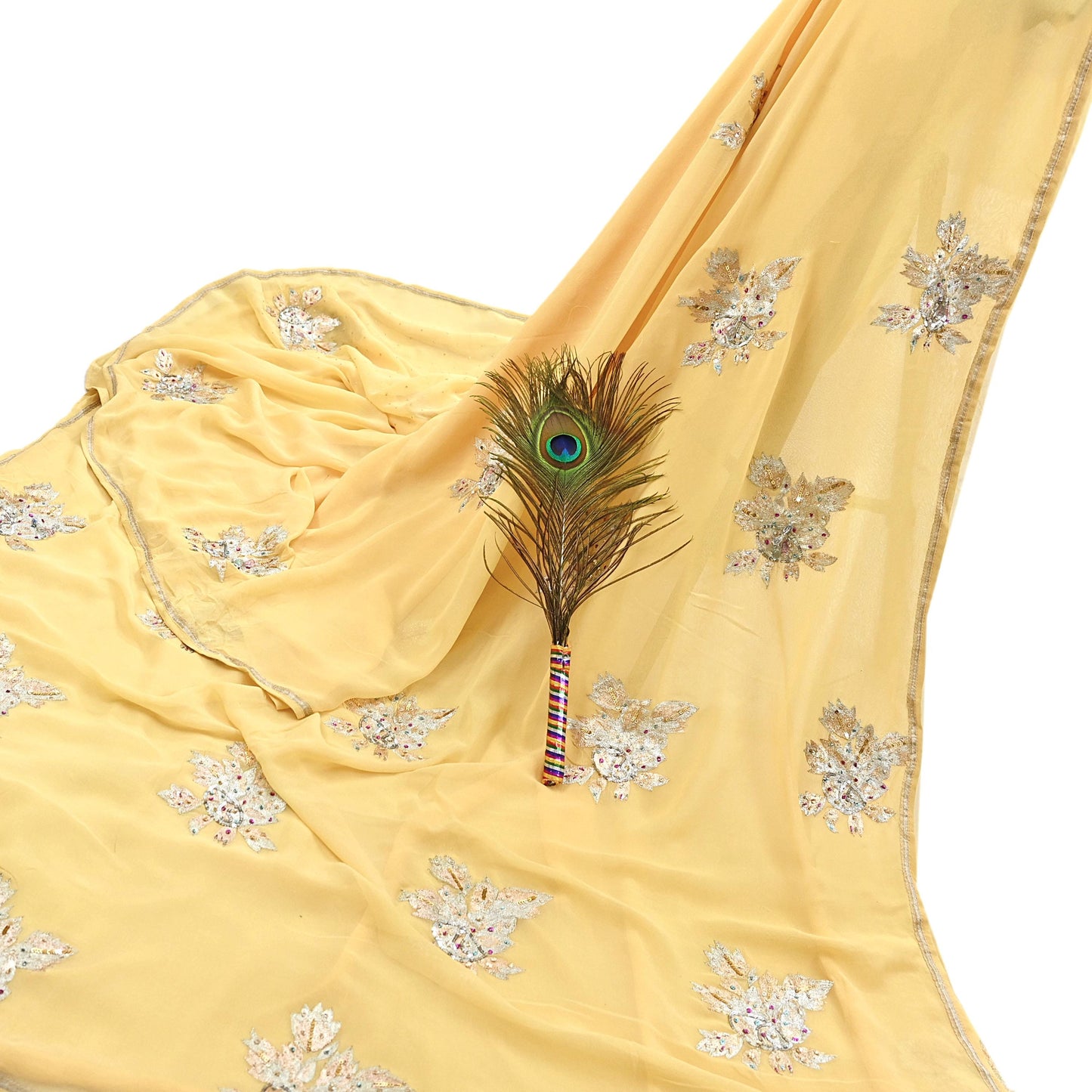 Indian Vintage Yellow Saree Pure Georgette Silk Hand Embroidered Sari Craft Fabric 5Yd Sewing Ethnic Dress making Crafting Quilting Dabka