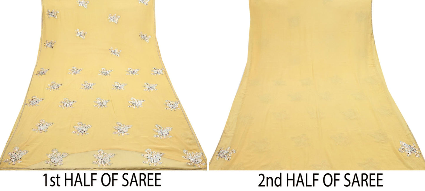 Indian Vintage Yellow Saree Pure Georgette Silk Hand Embroidered Sari Craft Fabric 5Yd Sewing Ethnic Dress making Crafting Quilting Dabka