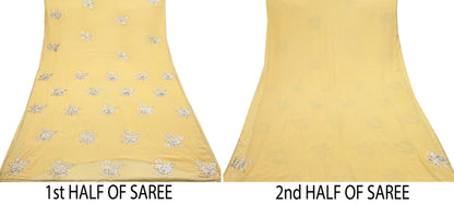 Indian Vintage Yellow Saree Pure Georgette Silk Hand Embroidered Sari Craft Fabric 5Yd Sewing Ethnic Dress making Crafting Quilting Dabka