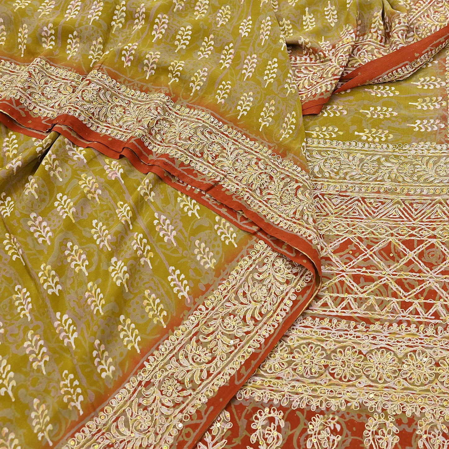 Indian Vintage Sari Green Pure Crepe Silk Hand Embroidered Saree 6yd Sewing Floral Craft Sequins Dress making Crafting Quilting
