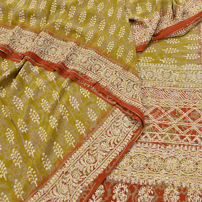 Indian Vintage Sari Green Pure Crepe Silk Hand Embroidered Saree 6yd Sewing Floral Craft Sequins Dress making Crafting Quilting