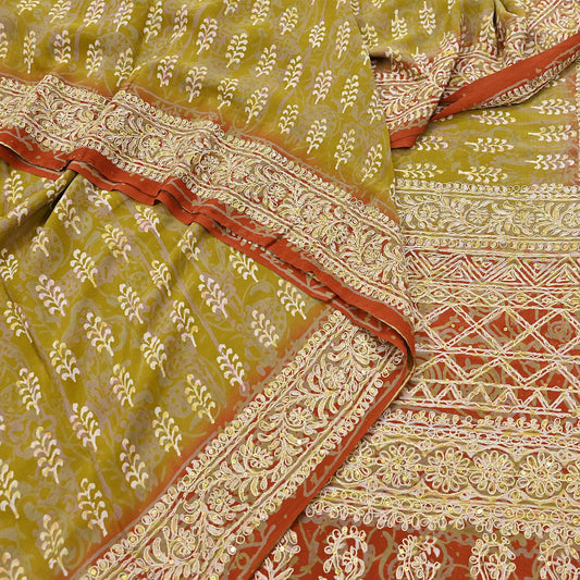 Indian Vintage Sari Green Pure Crepe Silk Hand Embroidered Saree 6yd Sewing Floral Craft Sequins Dress making Crafting Quilting