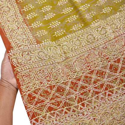 Indian Vintage Sari Green Pure Crepe Silk Hand Embroidered Saree 6yd Sewing Floral Craft Sequins Dress making Crafting Quilting