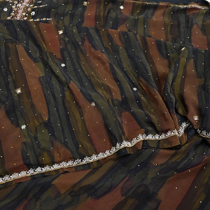 Indian Vintage Heavy Sari Multi Pure Crepe Silk Hand Embroidered Sarees Fabric 5Yd Sewing Soft Zardozi/Dabka Sequins Wedding Sarees Crafting