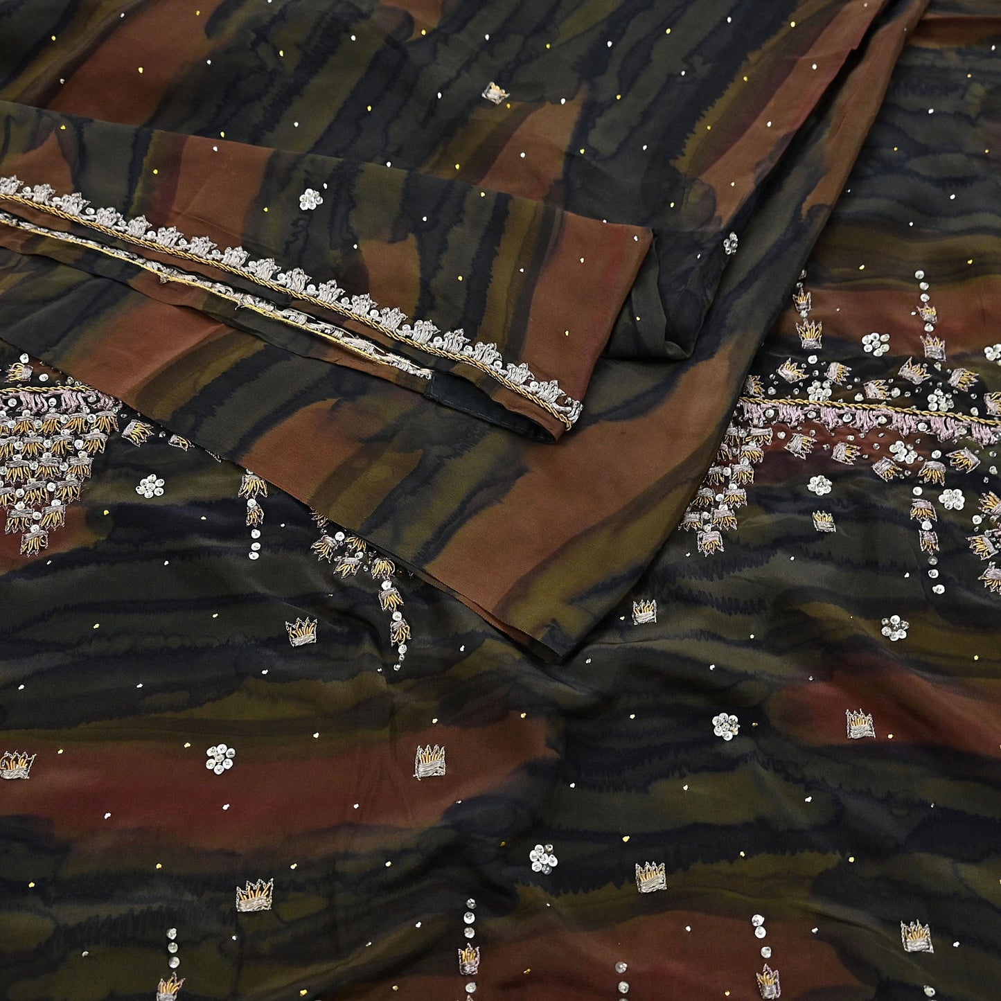 Indian Vintage Heavy Sari Multi Pure Crepe Silk Hand Embroidered Sarees Fabric 5Yd Sewing Soft Zardozi/Dabka Sequins Wedding Sarees Crafting