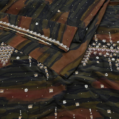 Indian Vintage Heavy Sari Multi Pure Crepe Silk Hand Embroidered Sarees Fabric 5Yd Sewing Soft Zardozi/Dabka Sequins Wedding Sarees Crafting