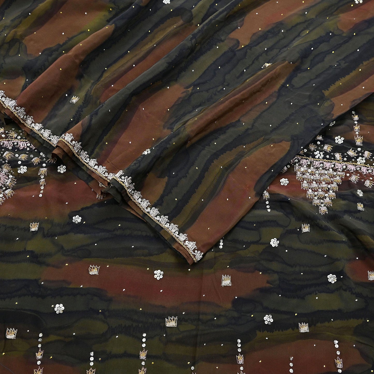 Indian Vintage Heavy Sari Multi Pure Crepe Silk Hand Embroidered Sarees Fabric 5Yd Sewing Soft Zardozi/Dabka Sequins Wedding Sarees Crafting