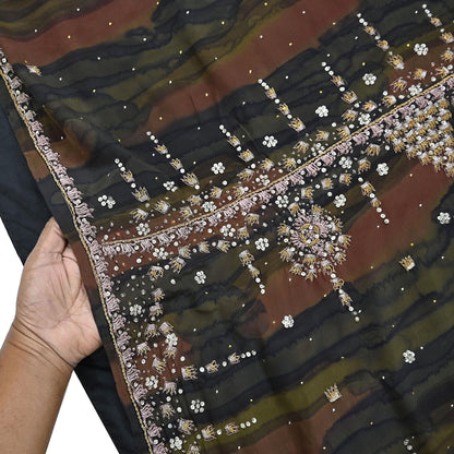 Indian Vintage Heavy Sari Multi Pure Crepe Silk Hand Embroidered Sarees Fabric 5Yd Sewing Soft Zardozi/Dabka Sequins Wedding Sarees Crafting