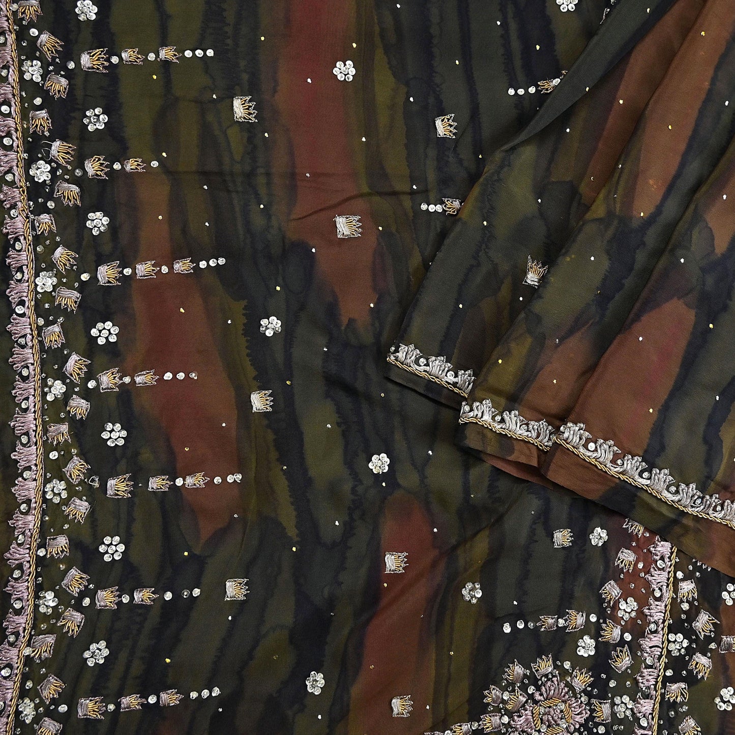 Indian Vintage Heavy Sari Multi Pure Crepe Silk Hand Embroidered Sarees Fabric 5Yd Sewing Soft Zardozi/Dabka Sequins Wedding Sarees Crafting
