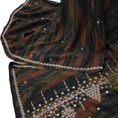 Indian Vintage Heavy Sari Multi Pure Crepe Silk Hand Embroidered Sarees Fabric 5Yd Sewing Soft Zardozi/Dabka Sequins Wedding Sarees Crafting