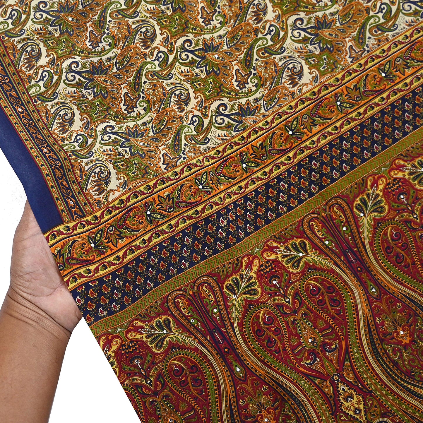 Indian Vintage blue & Beige Pure Crepe Silk Saree Paisley Print 6Yards Soft Sewing Fabric for Dressmaking, Quilting, Crafting Upcycling