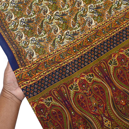 Indian Vintage blue & Beige Pure Crepe Silk Saree Paisley Print 6Yards Soft Sewing Fabric for Dressmaking, Quilting, Crafting Upcycling