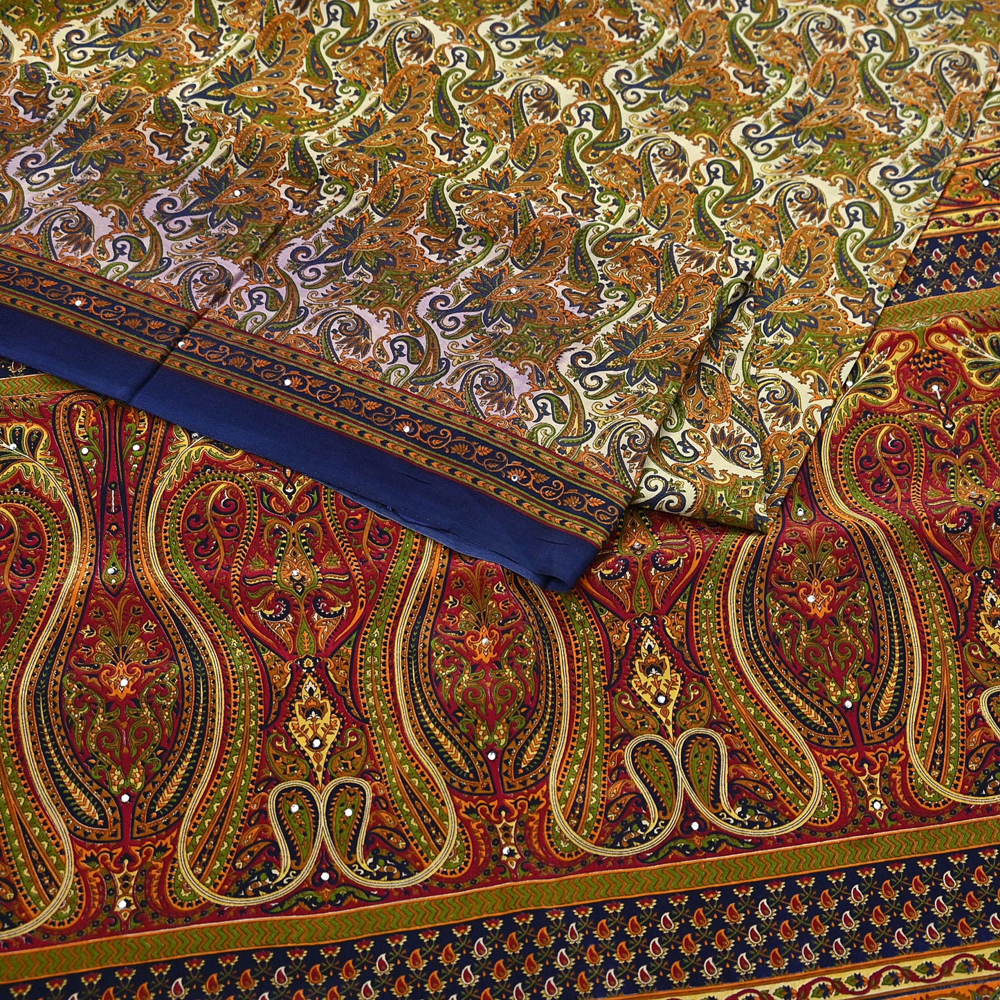 Indian Vintage blue & Beige Pure Crepe Silk Saree Paisley Print 6Yards Soft Sewing Fabric for Dressmaking, Quilting, Crafting Upcycling