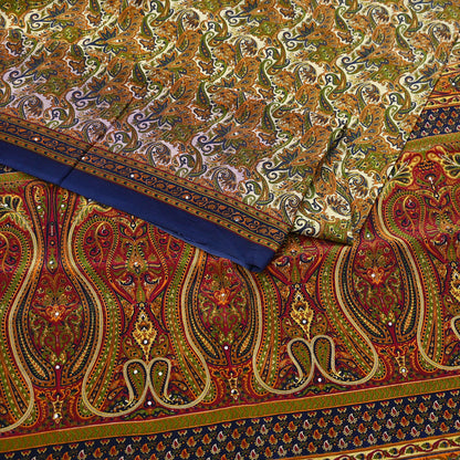 Indian Vintage blue & Beige Pure Crepe Silk Saree Paisley Print 6Yards Soft Sewing Fabric for Dressmaking, Quilting, Crafting Upcycling