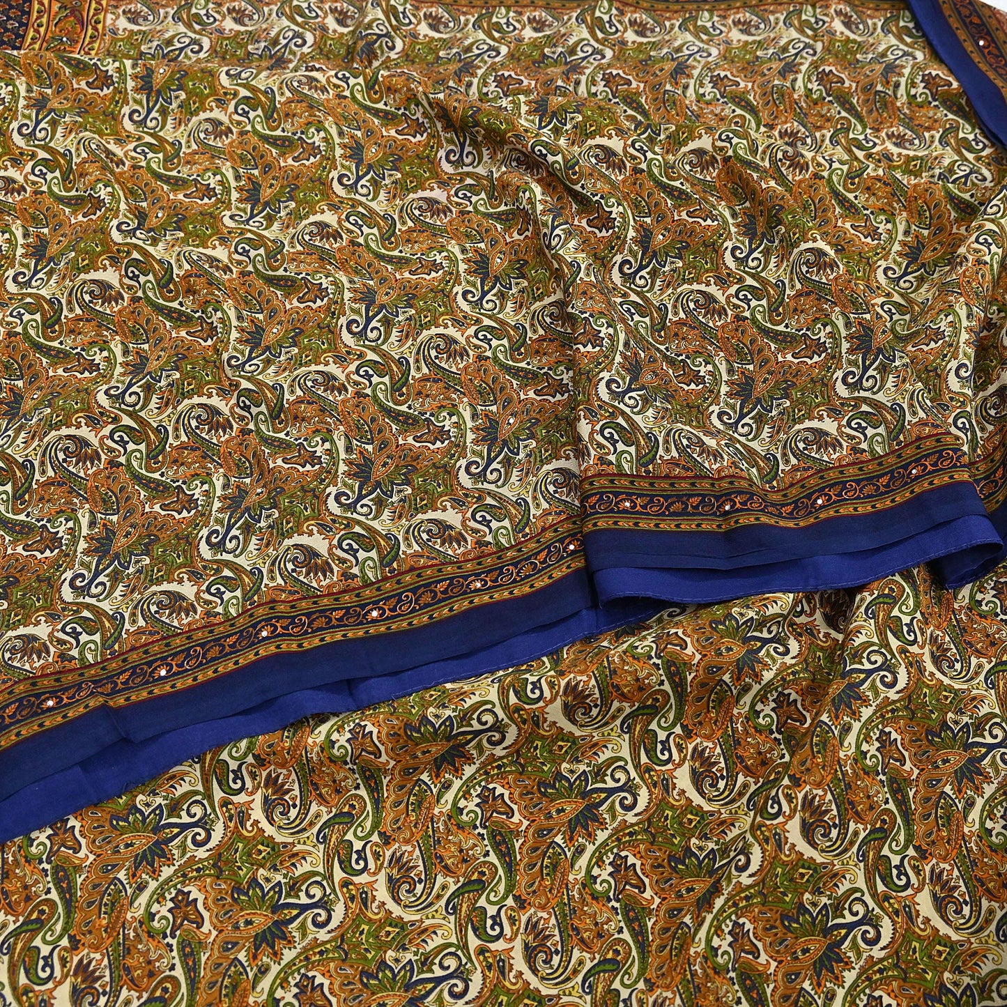 Indian Vintage blue & Beige Pure Crepe Silk Saree Paisley Print 6Yards Soft Sewing Fabric for Dressmaking, Quilting, Crafting Upcycling