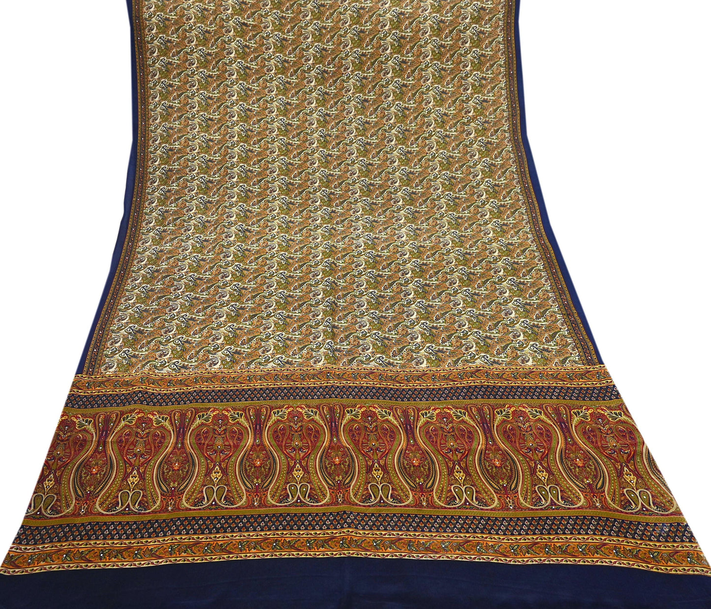 Indian Vintage blue & Beige Pure Crepe Silk Saree Paisley Print 6Yards Soft Sewing Fabric for Dressmaking, Quilting, Crafting Upcycling