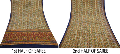 Indian Vintage blue & Beige Pure Crepe Silk Saree Paisley Print 6Yards Soft Sewing Fabric for Dressmaking, Quilting, Crafting Upcycling