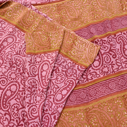 Indian Vintage Sari Pink & Red Pure Crepe Silk Printed Saree 5yard Sewing Soft Craft Fabric Wrap