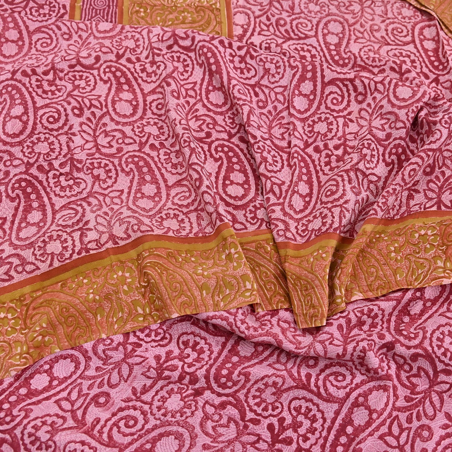 Indian Vintage Sari Pink & Red Pure Crepe Silk Printed Saree 5yard Sewing Soft Craft Fabric Wrap
