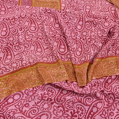 Indian Vintage Sari Pink & Red Pure Crepe Silk Printed Saree 5yard Sewing Soft Craft Fabric Wrap