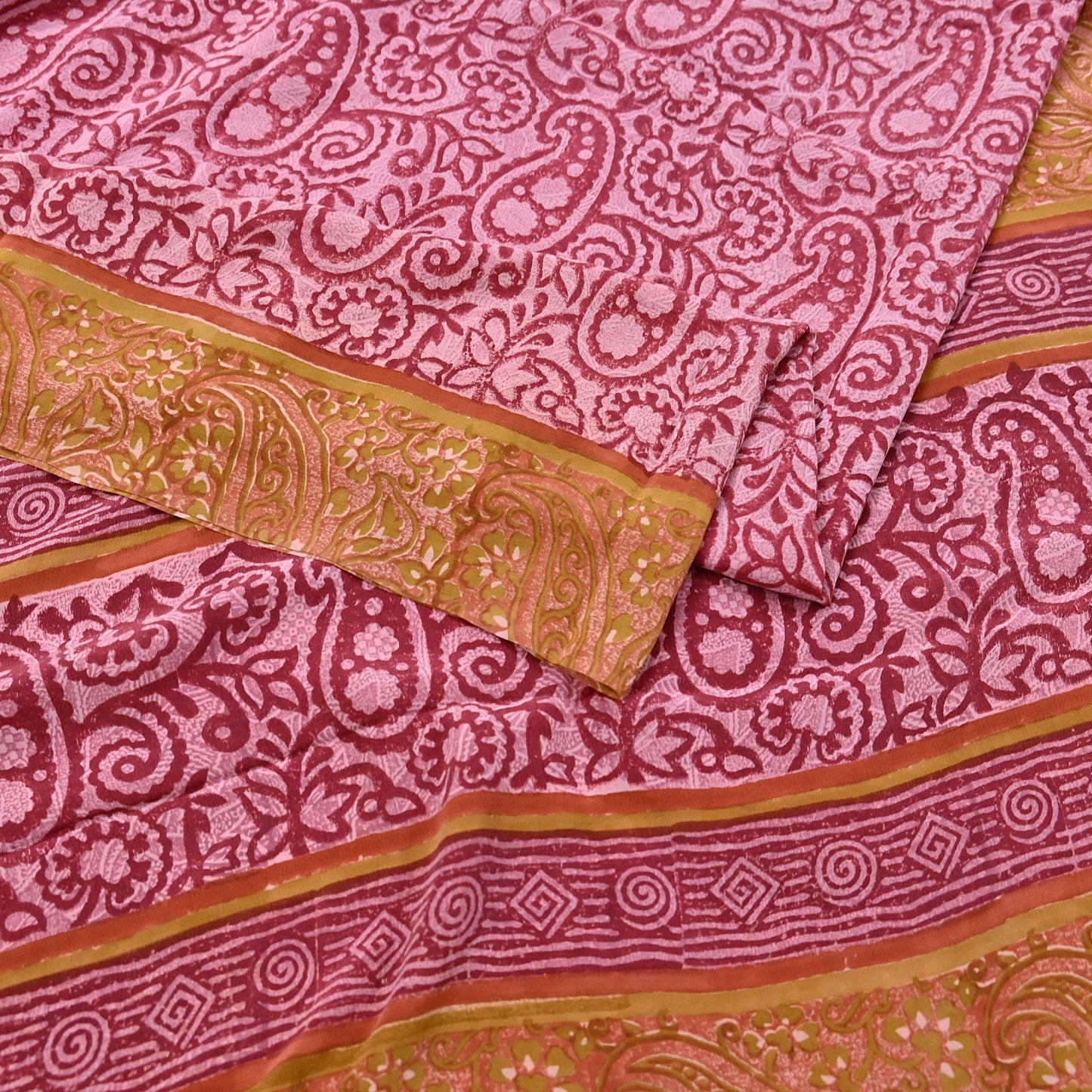 Indian Vintage Sari Pink & Red Pure Crepe Silk Printed Saree 5yard Sewing Soft Craft Fabric Wrap