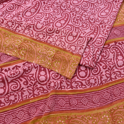 Indian Vintage Sari Pink & Red Pure Crepe Silk Printed Saree 5yard Sewing Soft Craft Fabric Wrap