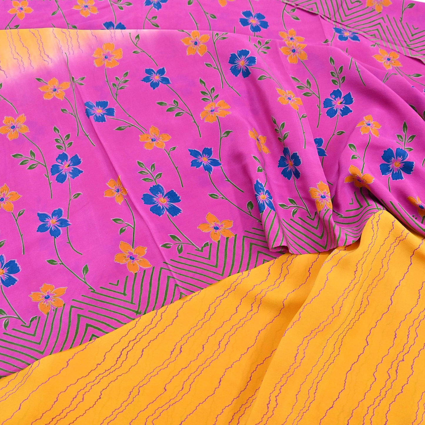 Indian Vintage Pink & Yellow Pure Crepe Silk Saree Floral Print 5 Yards Soft Sewing Fabric for Dressmaking, Quilting, Crafting Upcycling