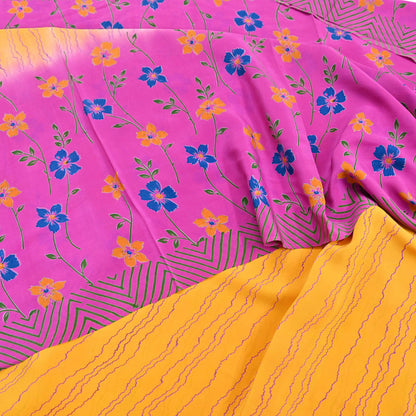 Indian Vintage Pink & Yellow Pure Crepe Silk Saree Floral Print 5 Yards Soft Sewing Fabric for Dressmaking, Quilting, Crafting Upcycling