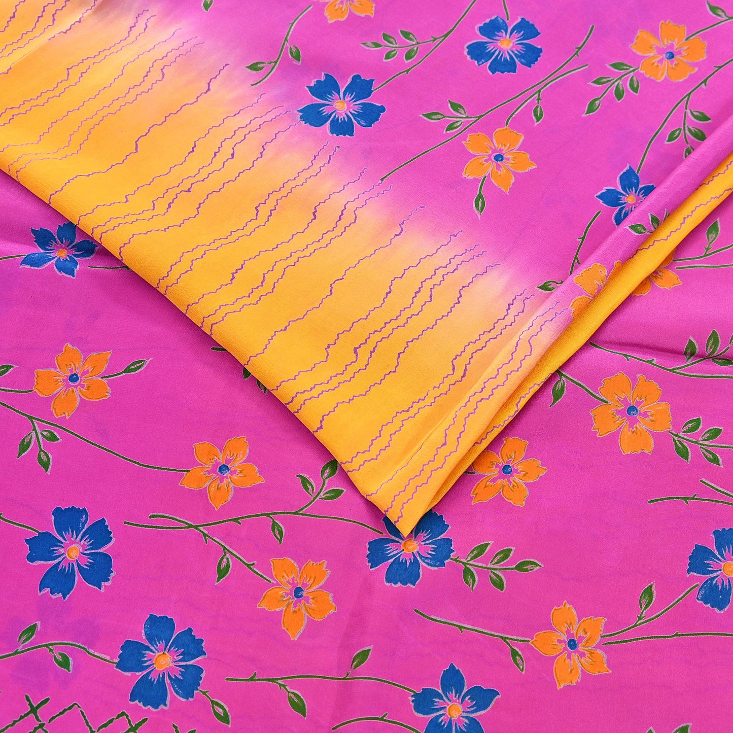 Indian Vintage Pink & Yellow Pure Crepe Silk Saree Floral Print 5 Yards Soft Sewing Fabric for Dressmaking, Quilting, Crafting Upcycling