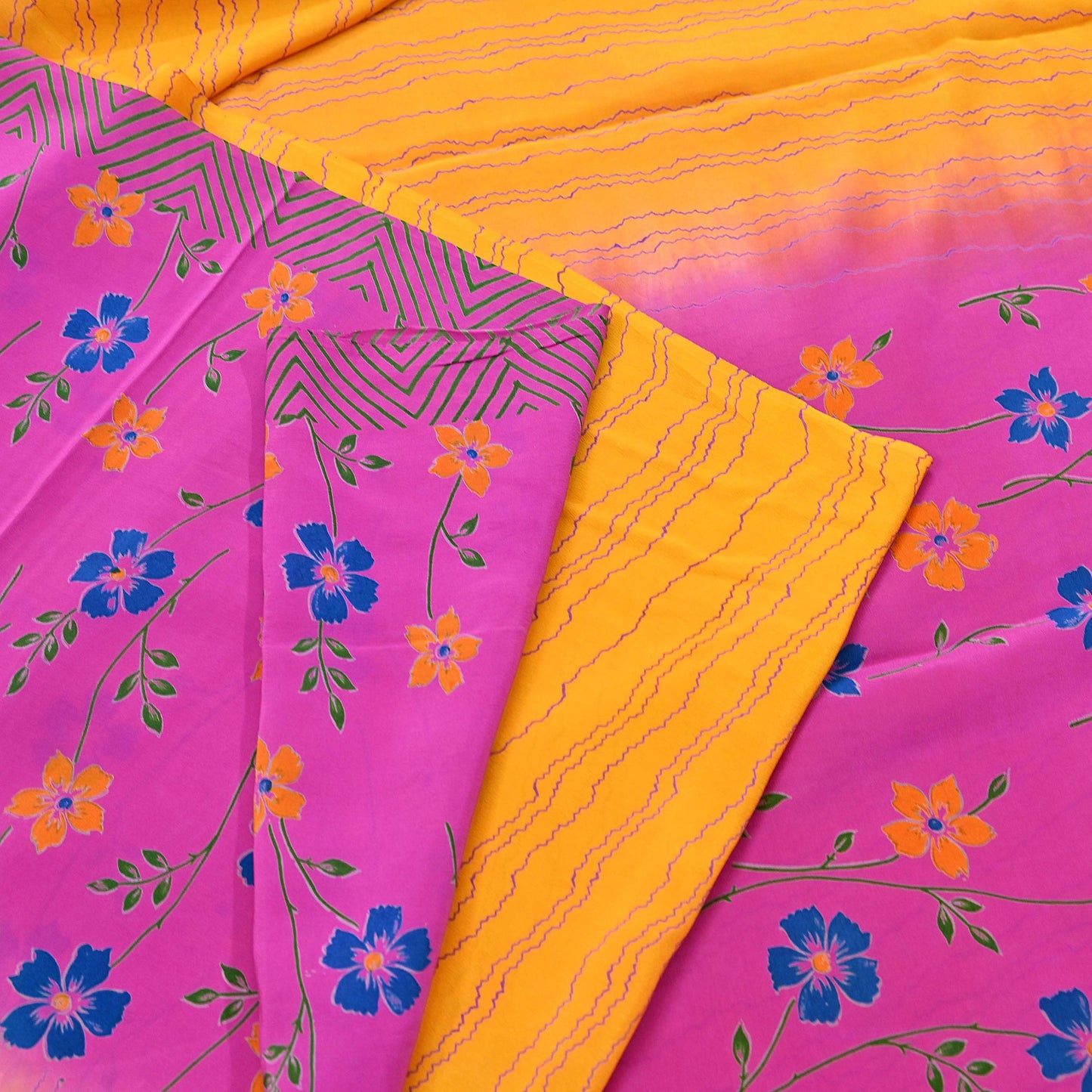 Indian Vintage Pink & Yellow Pure Crepe Silk Saree Floral Print 5 Yards Soft Sewing Fabric for Dressmaking, Quilting, Crafting Upcycling