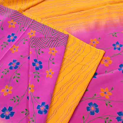 Indian Vintage Pink & Yellow Pure Crepe Silk Saree Floral Print 5 Yards Soft Sewing Fabric for Dressmaking, Quilting, Crafting Upcycling