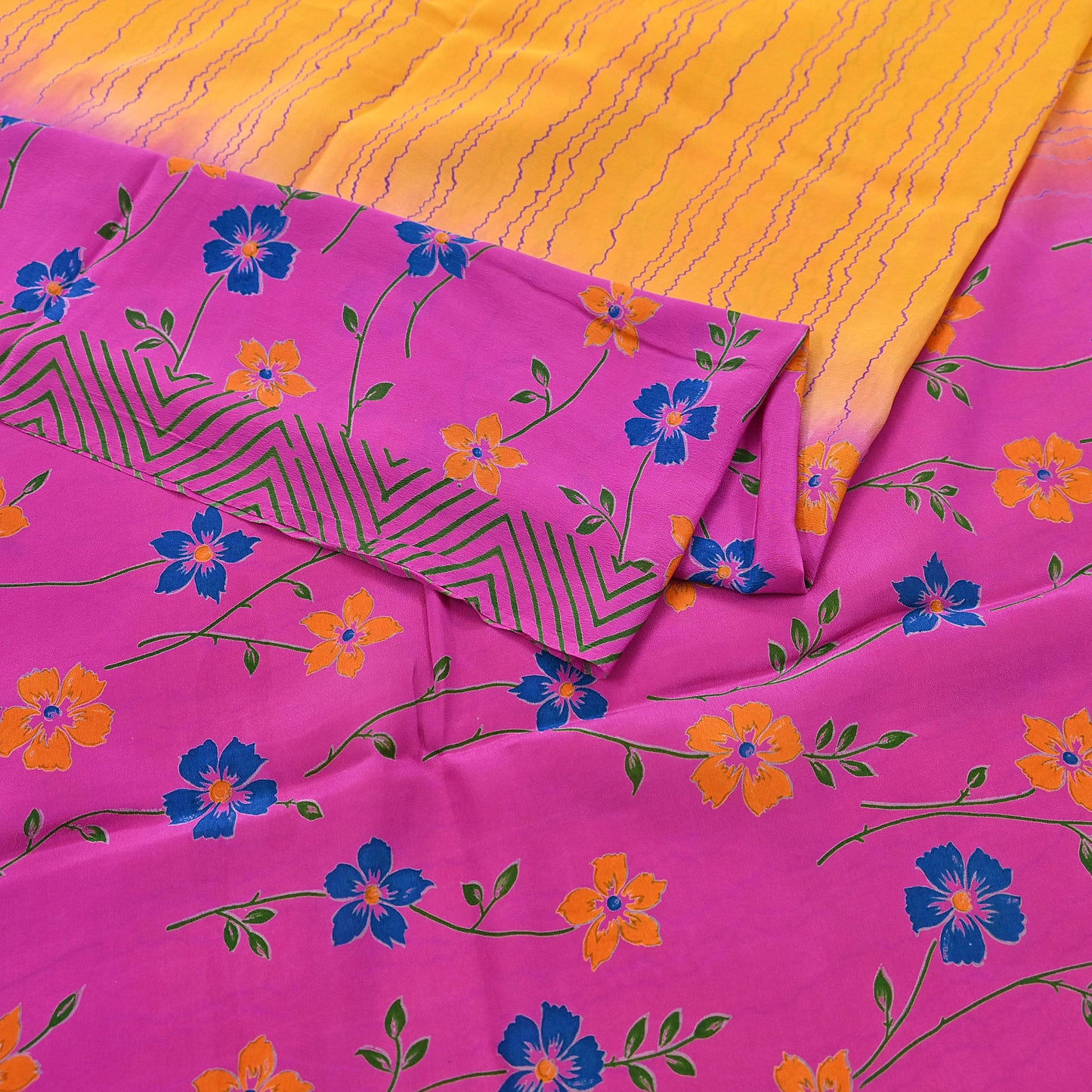 Indian Vintage Pink & Yellow Pure Crepe Silk Saree Floral Print 5 Yards Soft Sewing Fabric for Dressmaking, Quilting, Crafting Upcycling