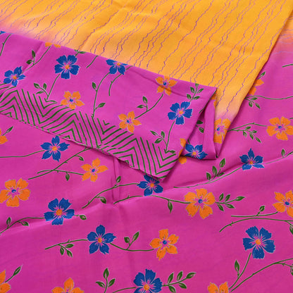 Indian Vintage Pink & Yellow Pure Crepe Silk Saree Floral Print 5 Yards Soft Sewing Fabric for Dressmaking, Quilting, Crafting Upcycling