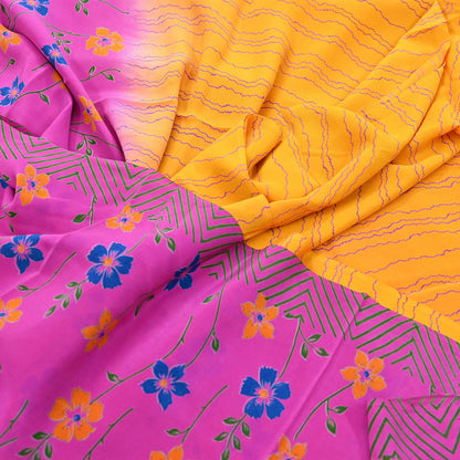 Indian Vintage Pink & Yellow Pure Crepe Silk Saree Floral Print 5 Yards Soft Sewing Fabric for Dressmaking, Quilting, Crafting Upcycling
