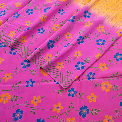 Indian Vintage Pink & Yellow Pure Crepe Silk Saree Floral Print 5 Yards Soft Sewing Fabric for Dressmaking, Quilting, Crafting Upcycling
