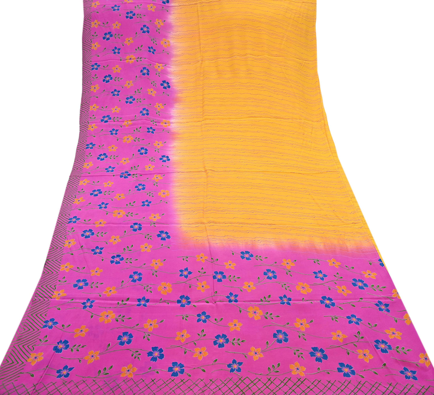 Indian Vintage Pink & Yellow Pure Crepe Silk Saree Floral Print 5 Yards Soft Sewing Fabric for Dressmaking, Quilting, Crafting Upcycling