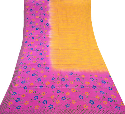 Indian Vintage Pink & Yellow Pure Crepe Silk Saree Floral Print 5 Yards Soft Sewing Fabric for Dressmaking, Quilting, Crafting Upcycling